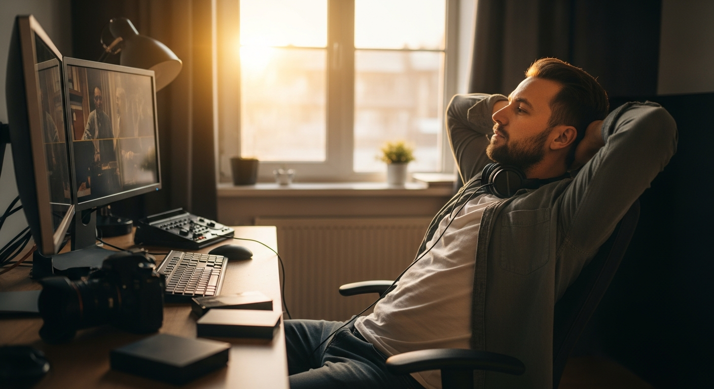 Freelance videographer reviewing footage in his home studio at golden hour