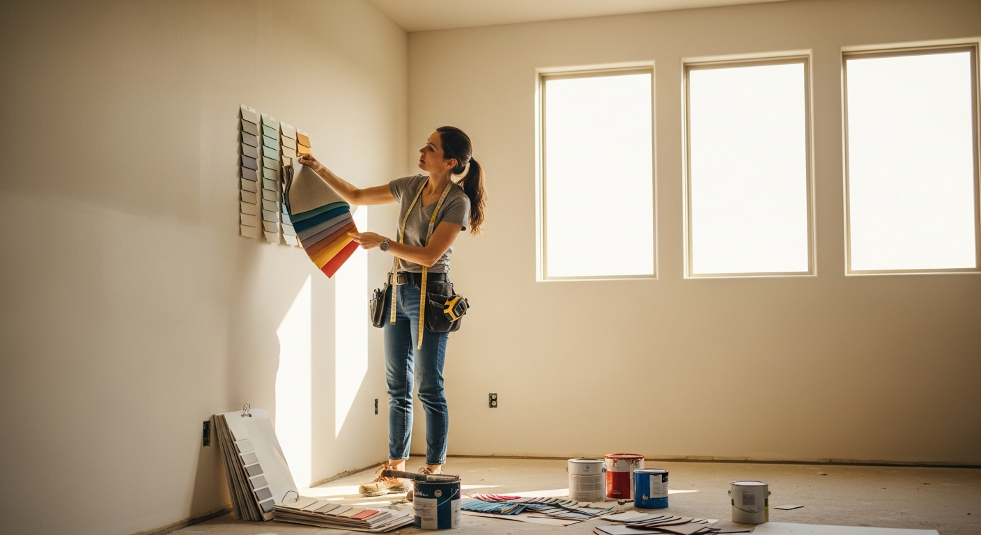 Interior designer comparing fabric swatches in a half-renovated room