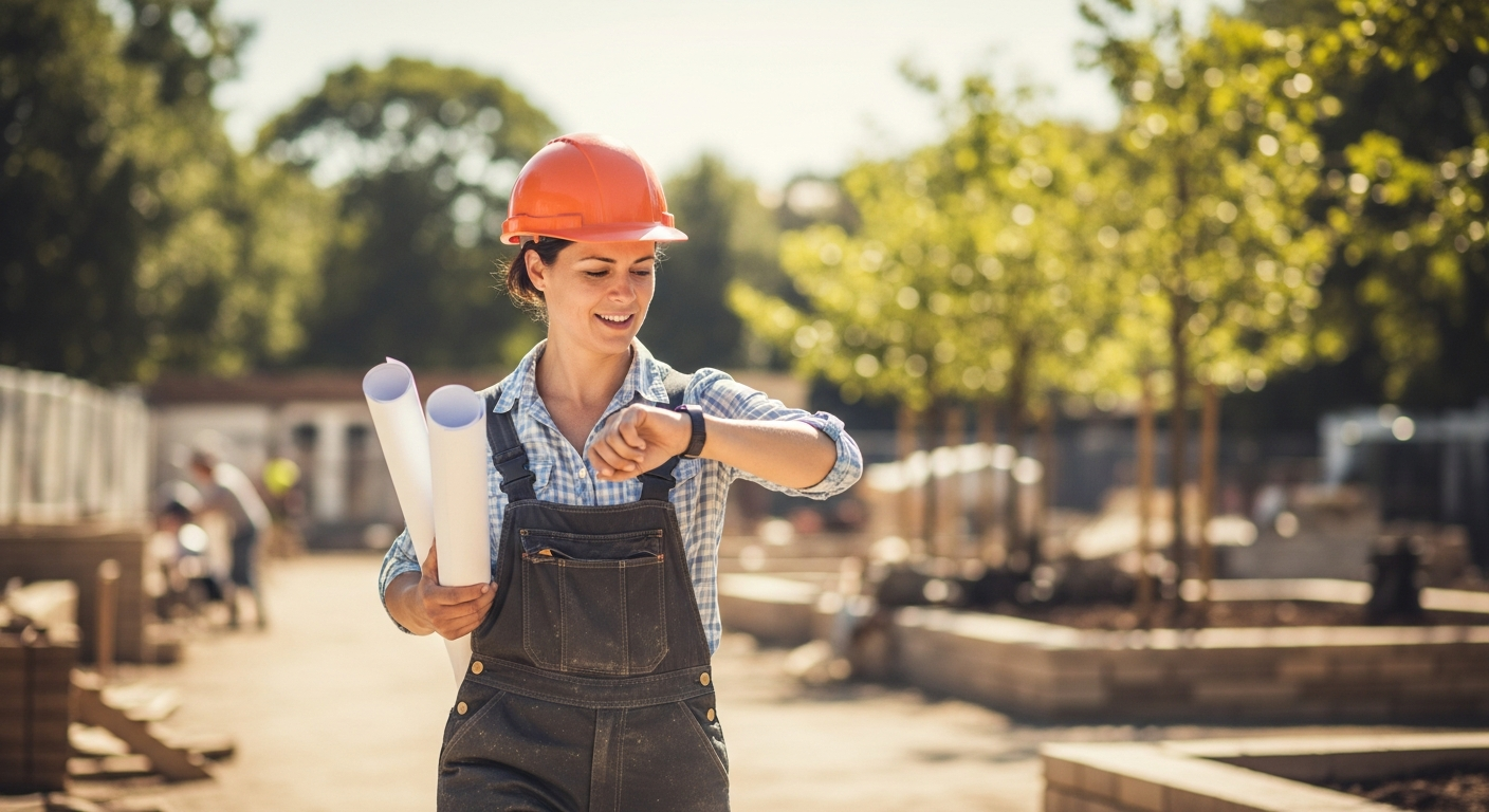 Landscape architect on a building site checking her watch