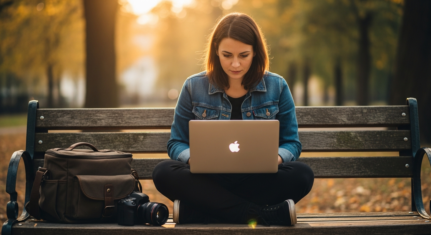 Laptop on a wooden desk with coffee and notebook