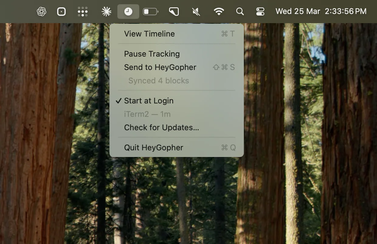 HeyGopher menu bar dropdown showing tracking controls and sync status