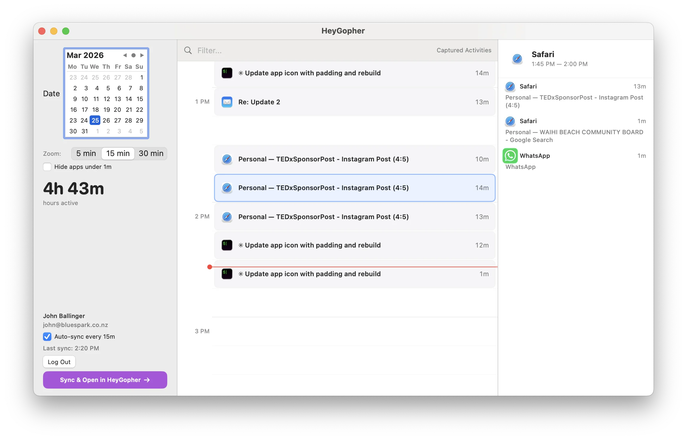 HeyGopher Mac app showing a daily timeline of desktop activity with app icons and durations