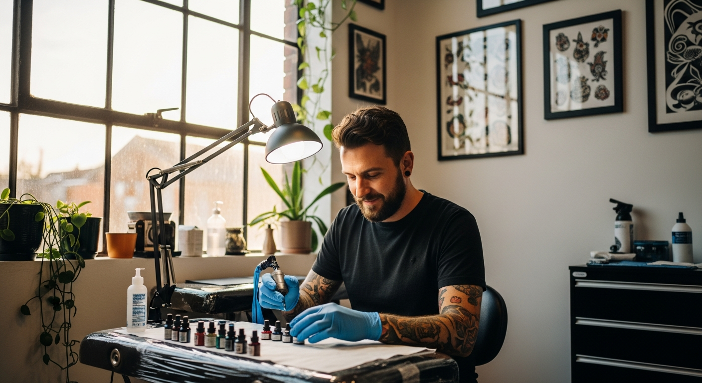 Tattoo artist preparing their station with natural light from a large window