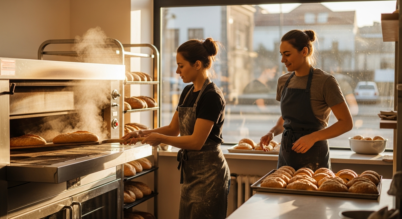 Bakery team pulling fresh bread from the oven in golden morning light